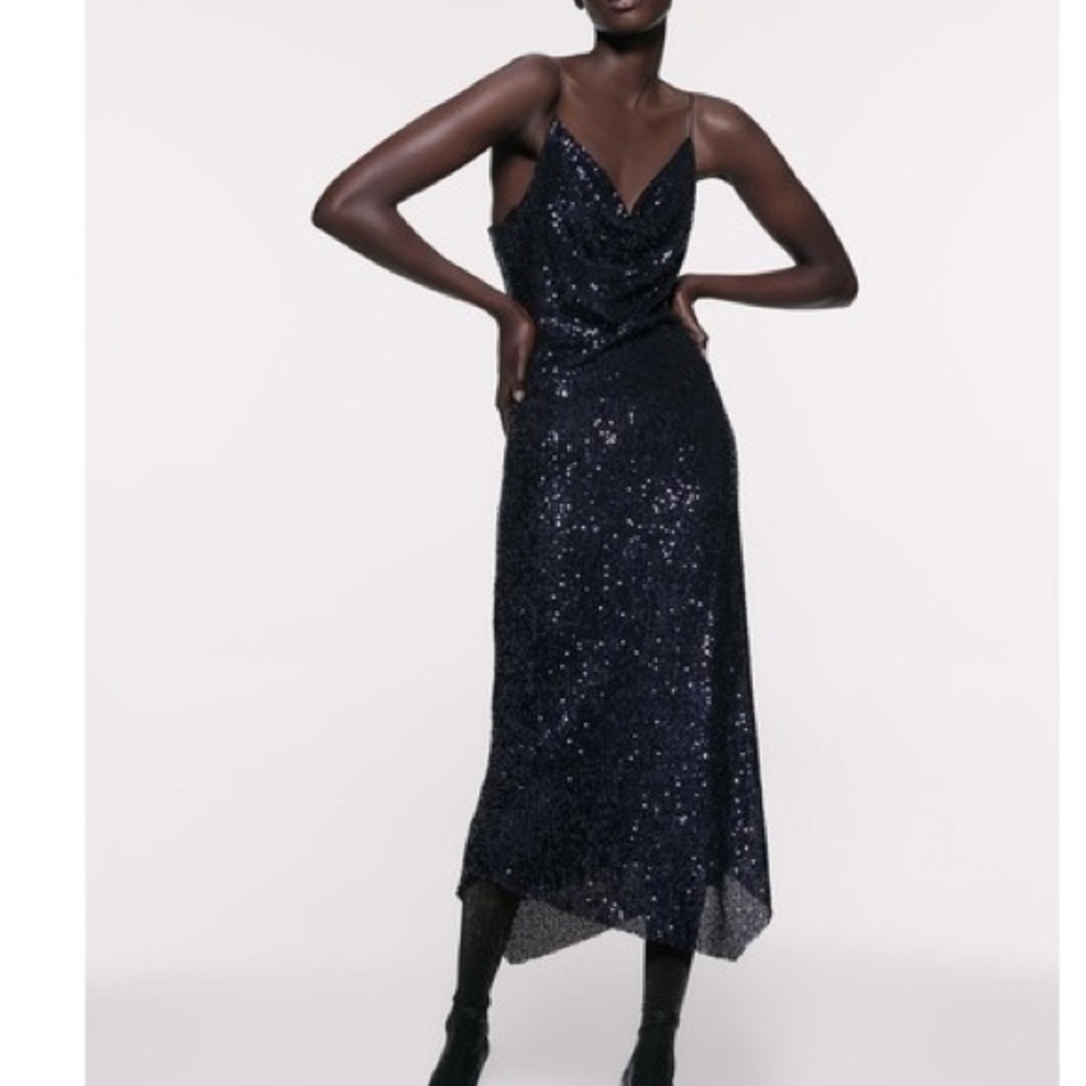 Zara Midnight Blue Sequin Midi Dress